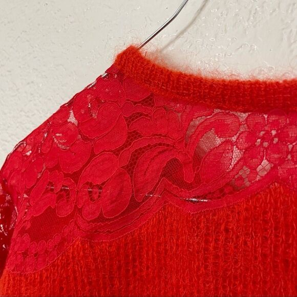 Vintage Red Italian Mohair and Wool Fuzzy Pullover Sweater With Lace Sleeves - Picture 11 of 15